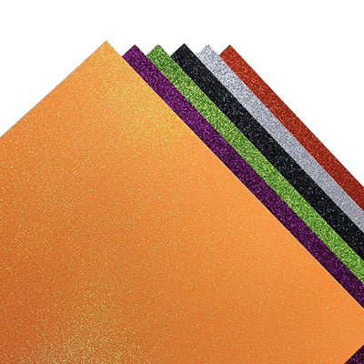 Variety pack of vibrant Halloween colored glitter cardstock in traditional glitter cardstock. Glitter cardstock for Halloween crafts.