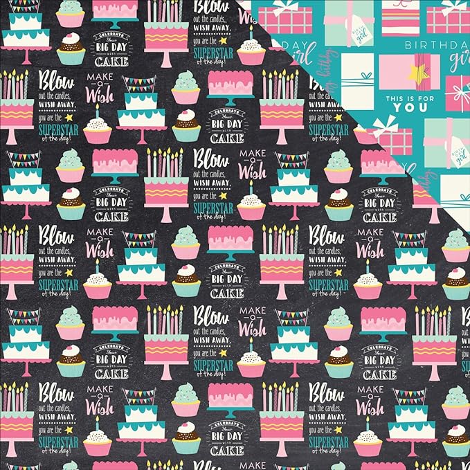 12x12 double-sided patterned paper from Echo Park Paper (yummy, colorful cakes and cupcakes lit with candles and birthday phrases on a black background with pink and blue birthday presents on a turquoise background reverse).