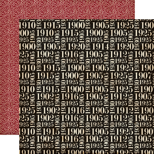 12x12 double-sided patterned paper. (Side A - vintage dates on a black background, Side B - off-white flecks on a brick red background)