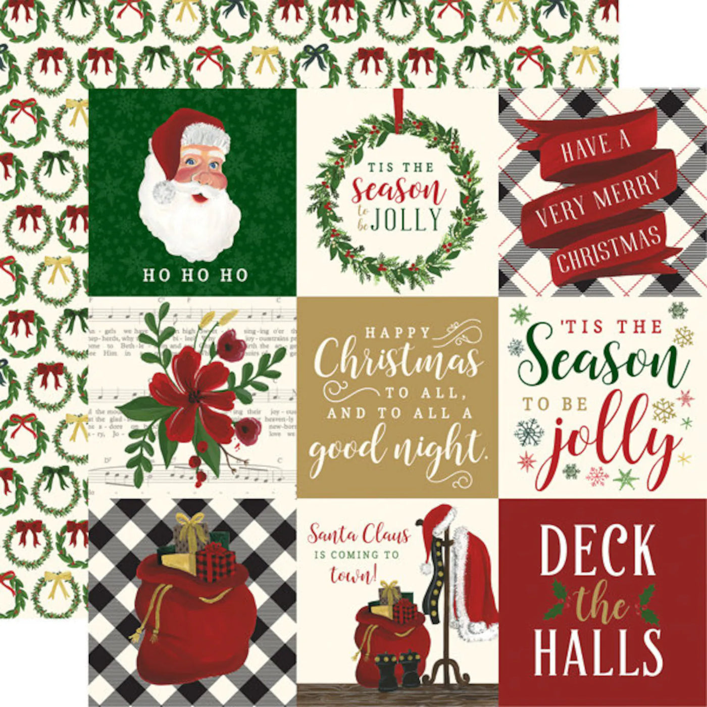 Collection of Christmas-themed designs with Santa Claus, wreaths, and festive phrases.