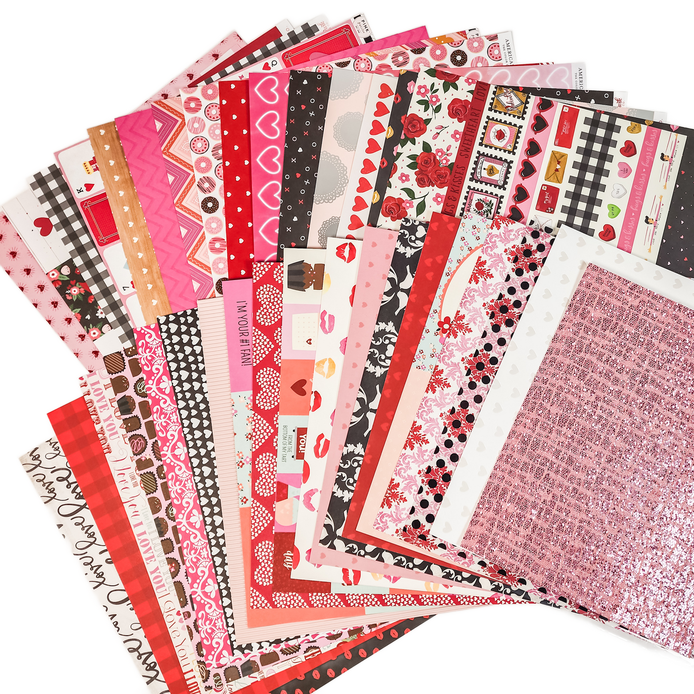 Valentine's Day Patterned Paper Variety Pack includes 35 sheets of cardstock pattern paper for Valentine projects, including red, white, pink patterns, glitter accents, and more. 
