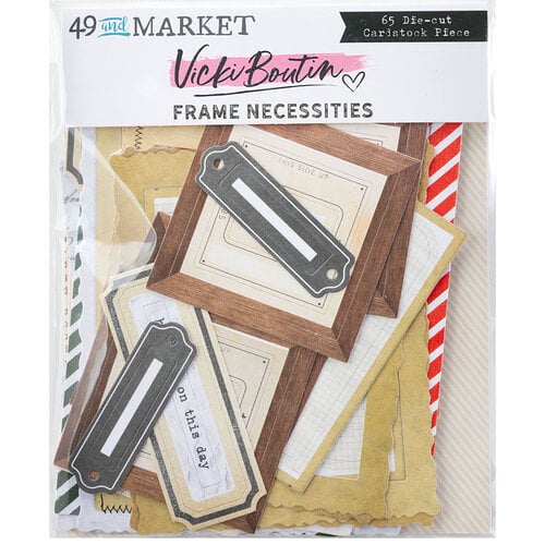Packaging of Vicki Boutin Frame Necessities die-cut cardstock pieces with 49 and Market branding.