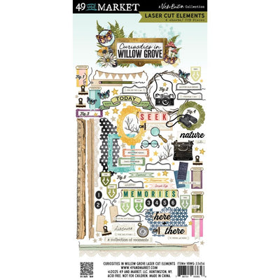 Sheet of decorative laser cut elements with various designs and text. Willow Grove Collection.