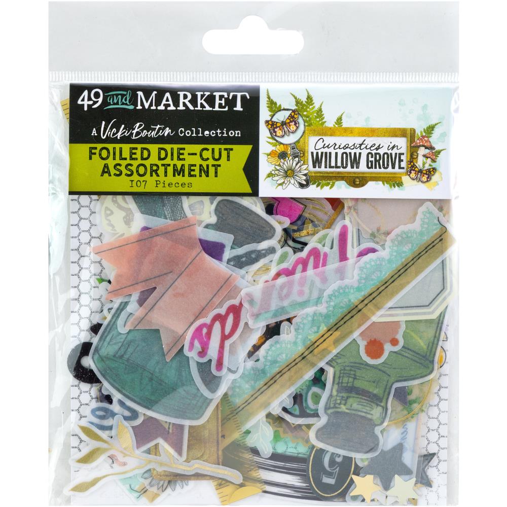 Package of foiled die-cut assortment with colorful cut-out pieces. Willow Grove Collection