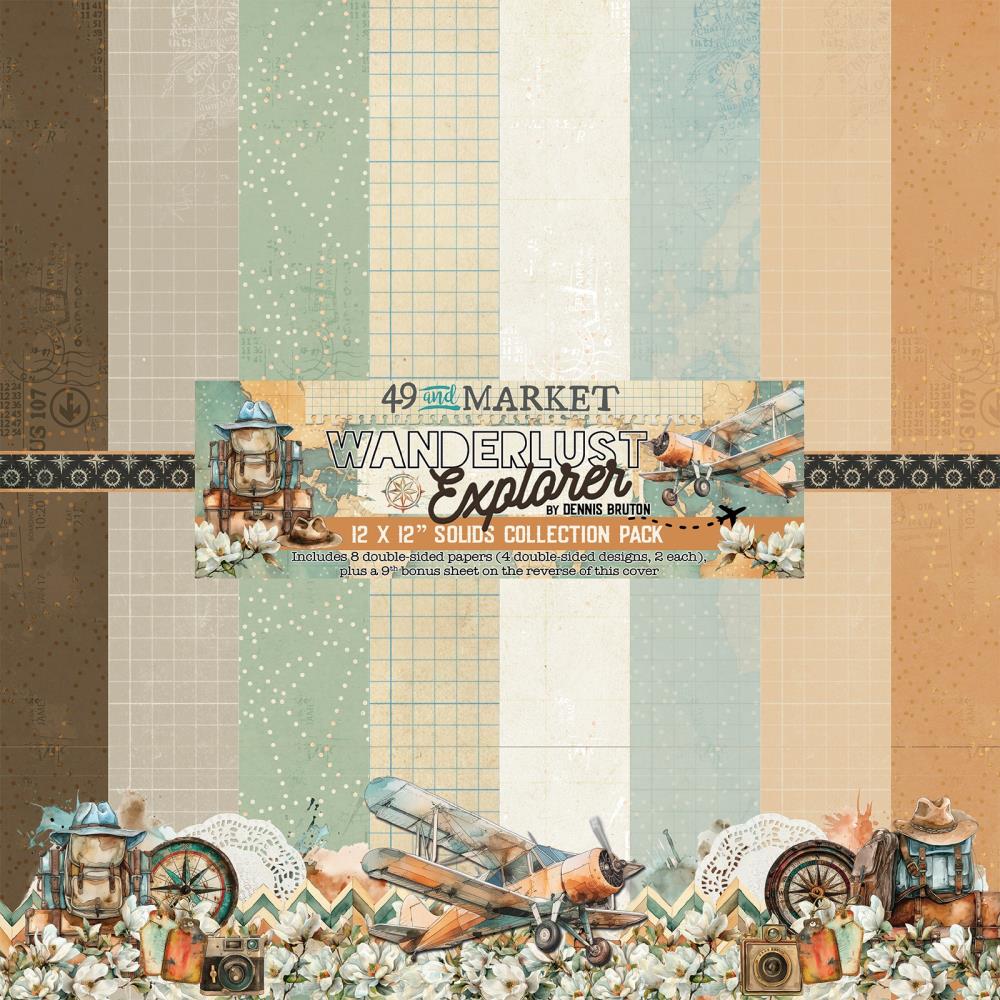 This pack of 8 12" x 12" double-sided papers from the Wanderlust Explorer Collection is versatile for card making and crafts—49 and Market.