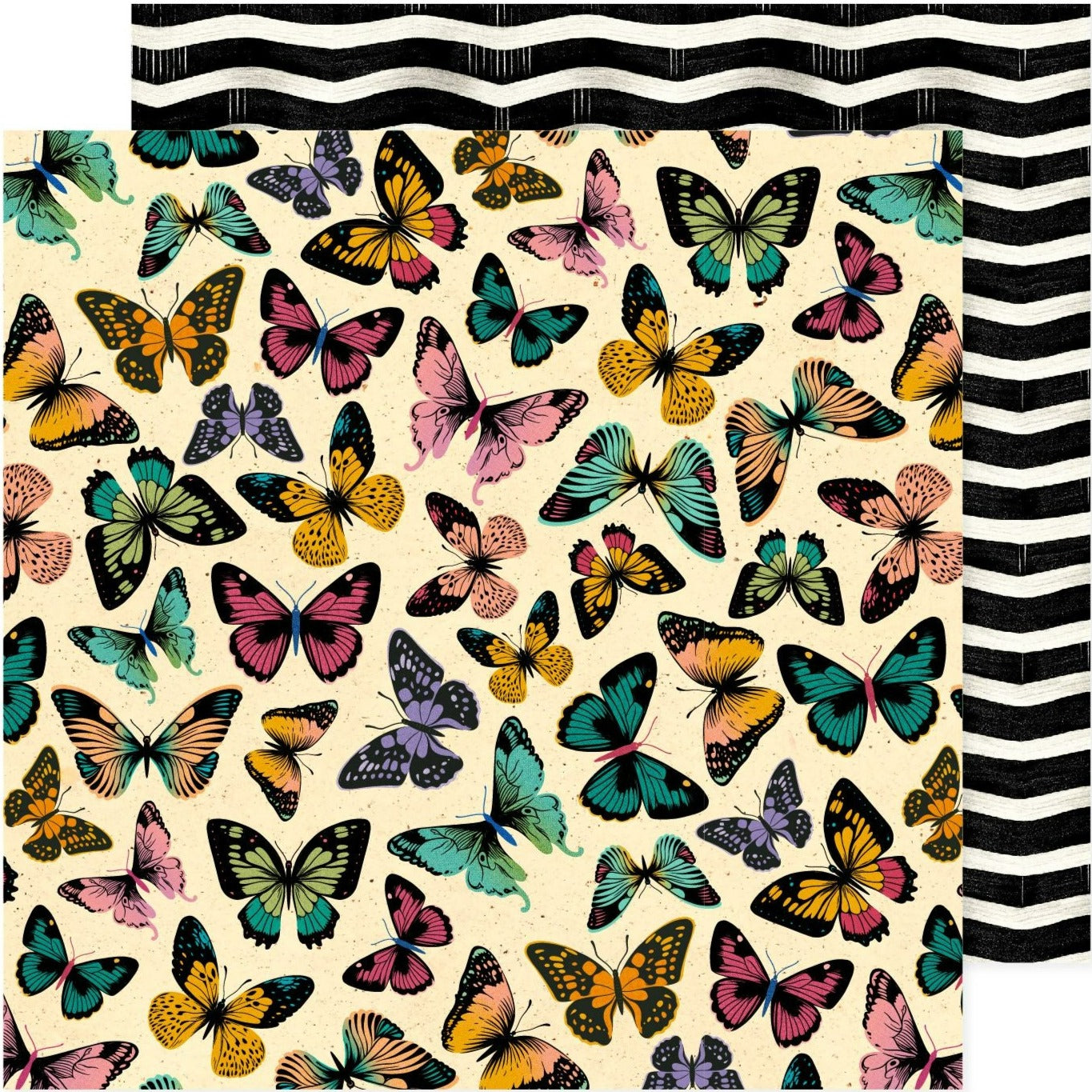 12x12 patterned cardstock. (Side A - multi-colored butterflies on a cream background, Side B - black & white wavy lines) - Archival-safe and acid-free from American Crafts