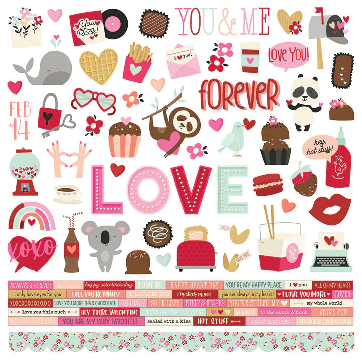 Valentine 12" x 12" Cardstock Stickers from Sweet Talk Collection by Simple Stories. Stickers include love phrases, frames, food, animals, hearts, tags, and more!