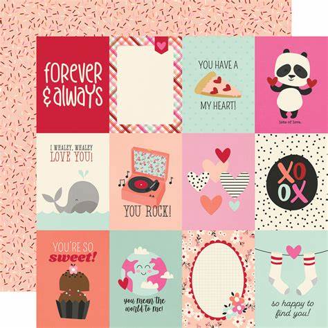 Multi-Colored (Side A - 3X4 valentine page elements, Side B - red, white, pink, brown sprinkles all over a blush pink background)