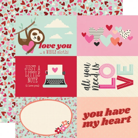 Multi-Colored (Side A - 4X6 valentine page elements, Side B - little red, white, pink, peach, and dark red hearts all over a teal blue background)