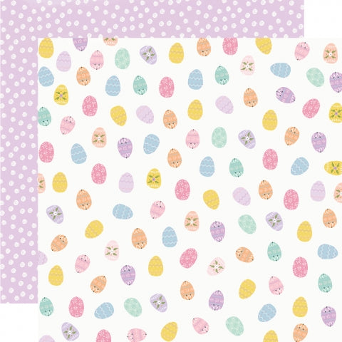 Multi-Colored (Side A - lots of Easter eggs with colorful designs on white background, Side B - white polka dots on a lavender background)