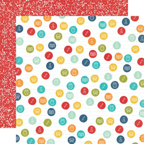 Multi-Colored (Side A - white lined paper with different brightly colored polka dots, Side B - red and white notebook cover)