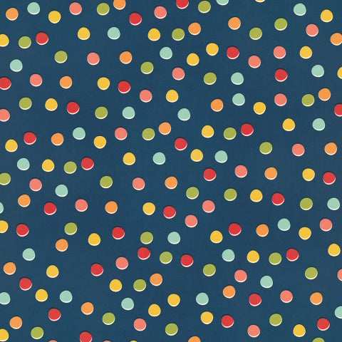 Side A - brightly colored polka dots on a navy blue background