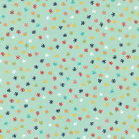 Side B - pom poms in rainbow colors on a teal background