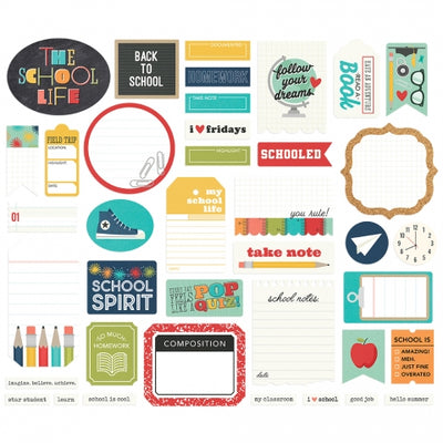 School Life Journal Bits Die Cut Cardstock Pack. Pack includes 39 different die-cut shapes ready to embellish any project. 