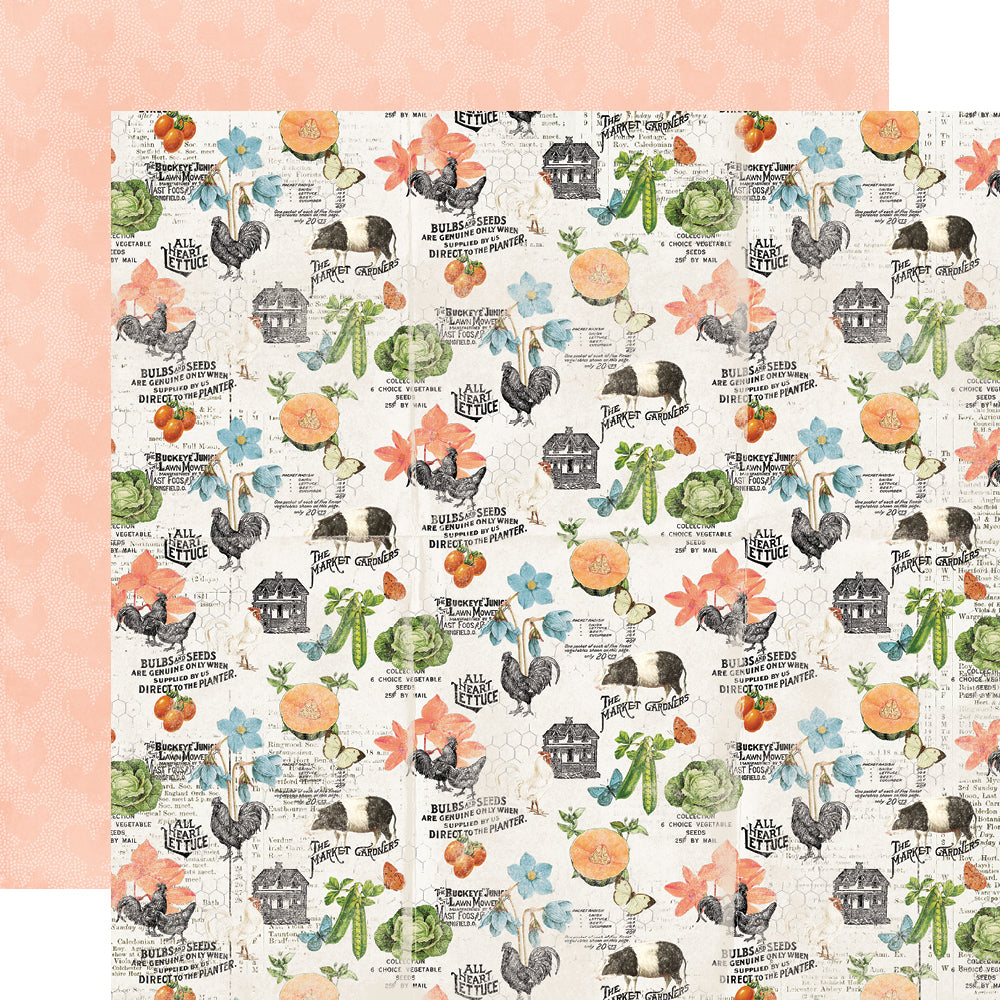 (Side A - collage style with pigs, chickens, farmhouse, flowers, vegetables, and more, Side B - pink mini polka-dotted background with rows of little pink chickens)