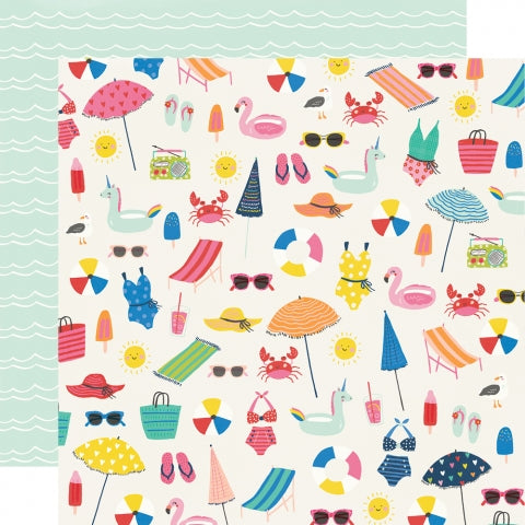 Multi-Colored (Side A - brightly colored items you find at the beach on an off-white background, Side B - white wavy lines on a pale teal blue background)