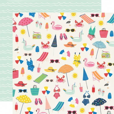 Multi-Colored (Side A - brightly colored items you find at the beach on an off-white background, Side B - white wavy lines on a pale teal blue background)