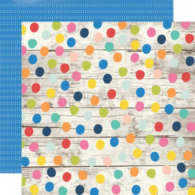 Multi-Colored (Side A - bright colored polka dots on white washed wood planking background, Side B - white ticking on a blue background)