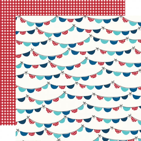 Multi-Colored (Side A - rows of 4th of July flag banners strung across the page, Side B - red gingham on a white background)