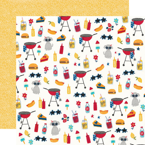 Multi-Colored (Side A - items you find a BBQ like a grill, condiments, lemonade, pie, Cola, hot dogs, and more, Side B - white flower doodles all over a yellow background)