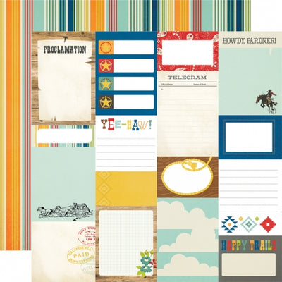 Multi-Colored (Side A - brightly colored journaling cards with a western theme, Side B - a stripe pattern in blues, yellows, greens, and a little bit of red)
