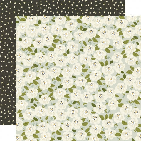Multi-colored (Side A - soft ivory flowers with green leaves on a dove gray background; Side B - tiny ivory flowers on a black background)