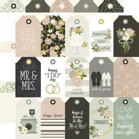 Multi-colored (Side A - Journaling tags with wedding icons and phrases; Side B - blank wedding journaling tags)