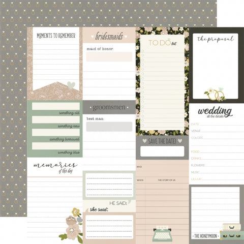 Multi-colored (Side A - Journaling elements with wedding icons and phrases; Side B - rows of diamond engagement rings on a gray background)