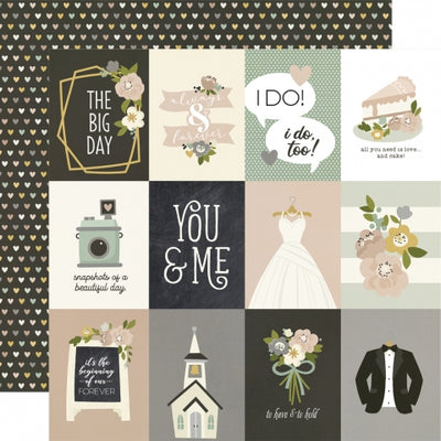 Multi-colored (Side A - Journaling elements with wedding icons and phrases; Side B - rows of hearts on a black background)