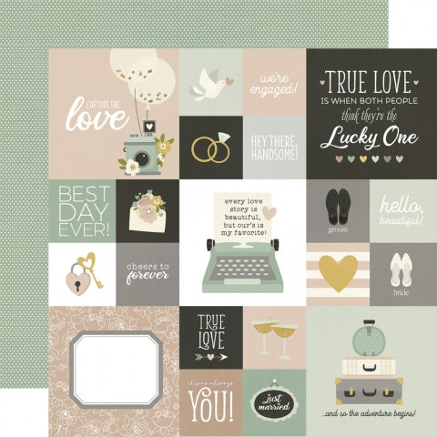 Multi-colored (Side A - Journaling elements with wedding icons and phrases; Side B - tiny white polka dots on a mint green background)