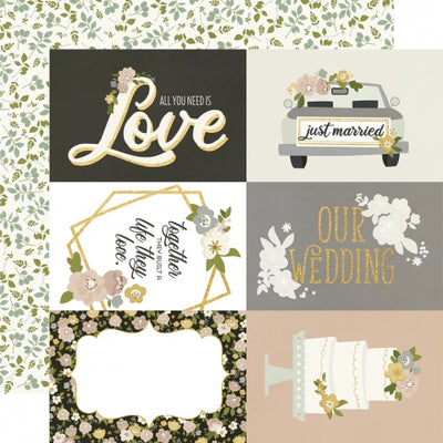 Multi-colored (Side A - Journaling elements with wedding icons and phrases with gold foil accents; Side B - leaf sprigs on an off-white background)