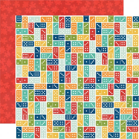 Multi-Colored (Side A - bright multi-colored dominoes on a white background, Side B - bright red puzzle pieces on a red background)