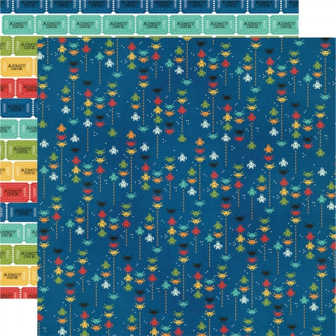 Multi-Colored (Side A - images of an arcade video game on a dark blue background, Side B - bright, colorful ticket stubs in red, blues, green and yellow on a white background)