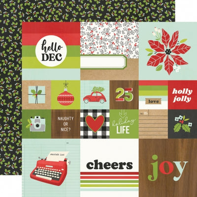 Multi-Colored (Side A - Christmas Journaling elements in various sizes, some with phrases and images, Side B - green holly with red berries all over a black background)