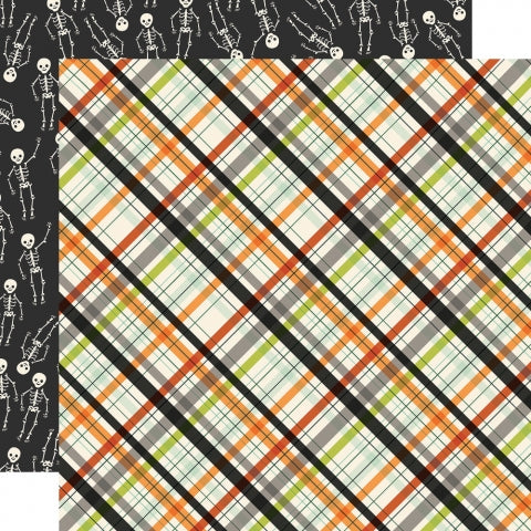 Multi-Colored (Side A - plaid in orange, black, lime green, gray and teal blue on an off-white background, Side B - black background covered with cute little white skeletons)