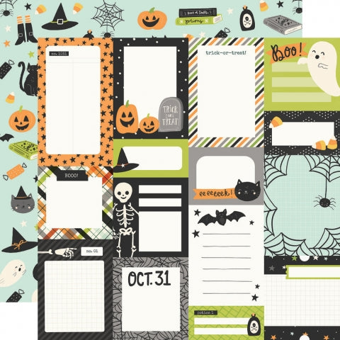 Multi-Colored (Side A - Halloween journaling elements with phrases and images, Side B - Halloween icons on a light teal blue background)