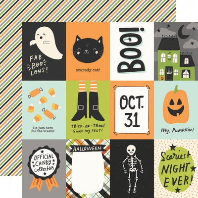 Multi-Colored (Side A - Halloween journaling elements with phrases and images, Side B - diagonal stripes in orange, black, purple, and lime green on an off-white background)