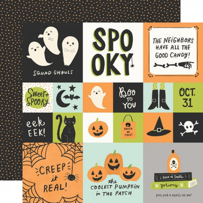 Multi-Colored (Side A - Halloween journaling elements with phrases and images, Side B - orange dots on a black background)