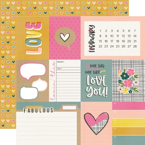 (Side A - the month of February journaling cards  with calendar, Side B - rows of  hearts in pink, green, orange, blue, and yellow on a golden yellow background)