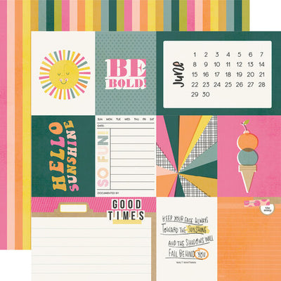 (Side A - the month of June journaling cards  with calendar, Side B - stripes in pinks, orange, yellows, and greens)
