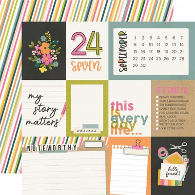 (Side A - the month of September journaling cards  with calendar, Side B - diagonal stripes in pinks, yellows, and greens on a white background)