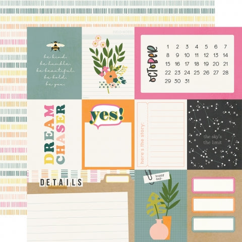 (Side A - the month of October journaling cards  with calendar, Side B - rows of slashes in pinks, yellows, and greens on a white background)