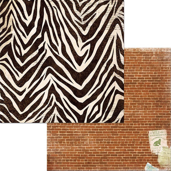 Jungle Safari - 12x12 double-sided patterned paper with zebra pattern on one side and red brick wall on reverse - BoBunny