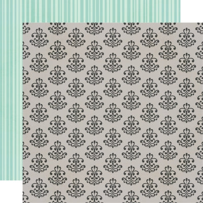 (Side A - black fancy motifs on a gray background, Side B - teal stripes on a light teal background)