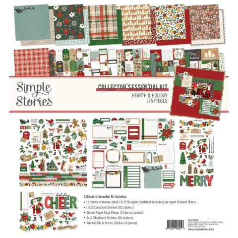 Hearth & Holiday Collector's Kit includes 12 sheets of double-sided 12x12 Designer Cardstock, including cut apart Journal, Tags, and Element Sheets and a 12x12 Cardstock Sticker Sheet (82), Journal Bits (38), 6x12 Chipboard (30), Page Pieces (13); 175 pieces.