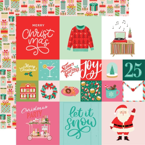 Multi-Colored (Side A - holiday journaling cards with phrases and images, Side B - bright colored Christmas presents all over a light pink background)