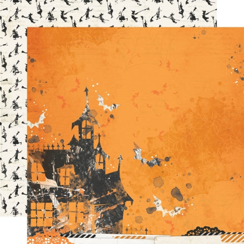 (Side A - black haunted house with bats and spiderwebs on an orange background, Side B - cream background covered with little silhouettes of witches with brooms)*