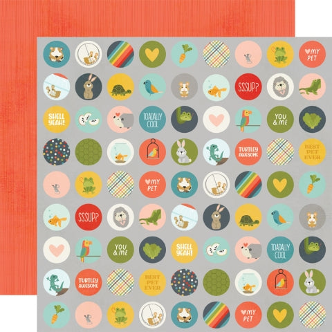 (Side A - rows of circles with images of pets, sayings, and patterns on a gray background, Side B - dark orange pinstripes on an orange background)