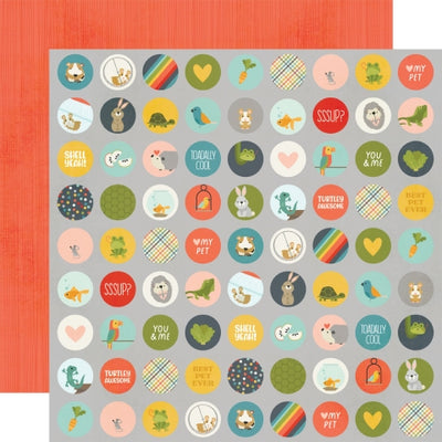 (Side A - rows of circles with images of pets, sayings, and patterns on a gray background, Side B - dark orange pinstripes on an orange background)