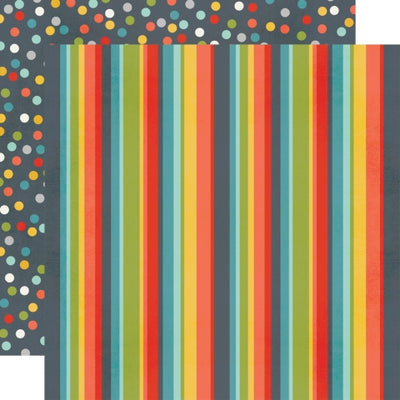 (Side A - bold stripes in a rainbow of colors, Side B - polka dots in a rainbow of colors on a navy background)